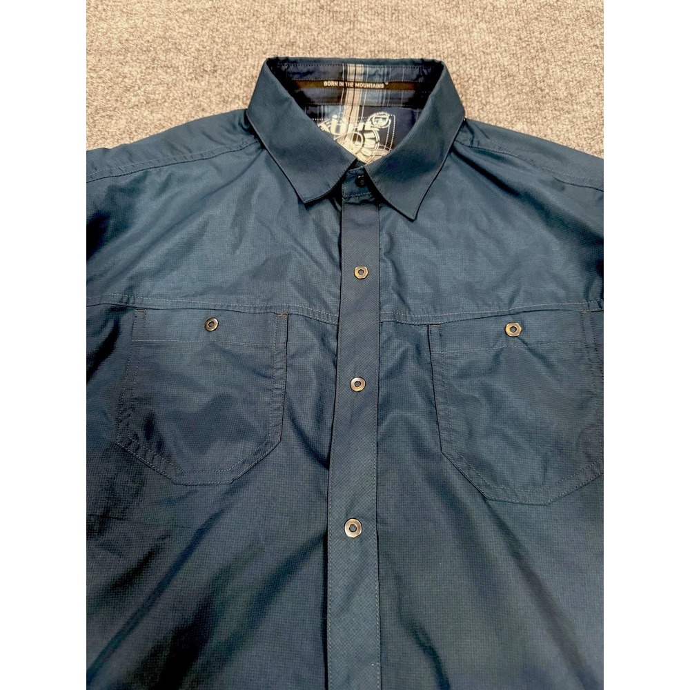 KUHL Shirt Mens XL Blue Short Sleeve Snap Front Chest Pockets Outdoor Hiking